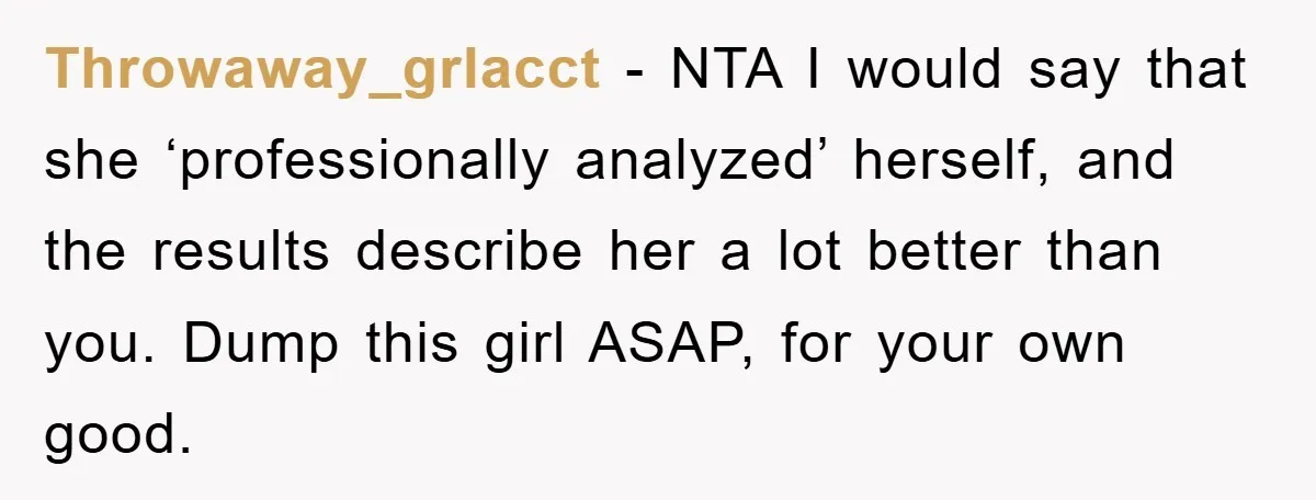 Throwaway_grlacct − NTA I would say that she ‘professionally analyzed’ herself, and the results describe her a lot better than you. Dump this girl ASAP, for your own good.