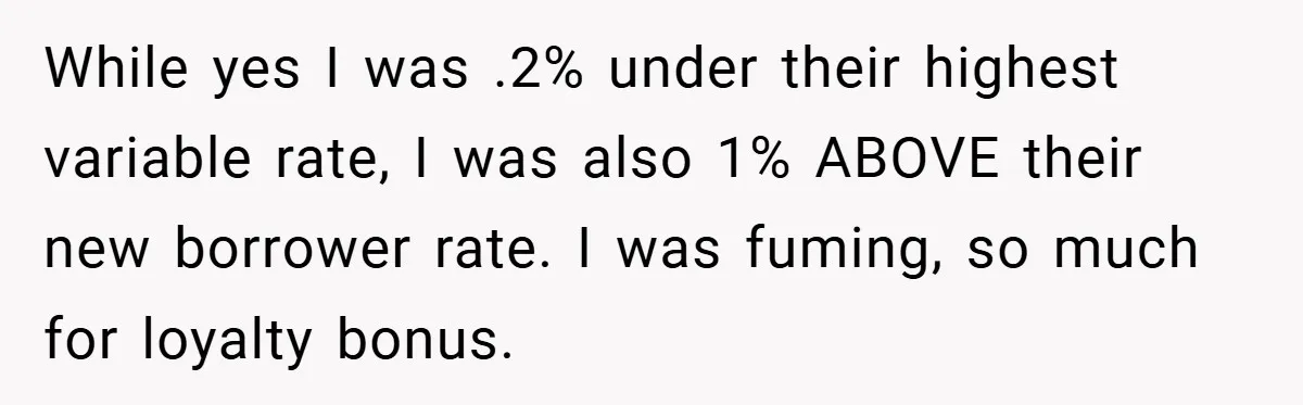 While yes I was .2% under their highest variable rate, I was also 1% ABOVE their new borrower rate. I was fuming, so much for loyalty bonus.