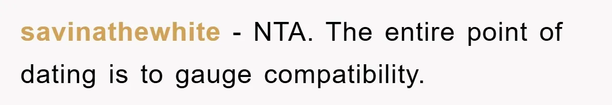 savinathewhite − NTA. The entire point of dating is to gauge compatibility.