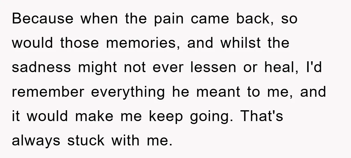 Because when the pain came back, so would those memories, and whilst the sadness might not ever lessen or heal, I'd remember everything he meant to me, and it would...