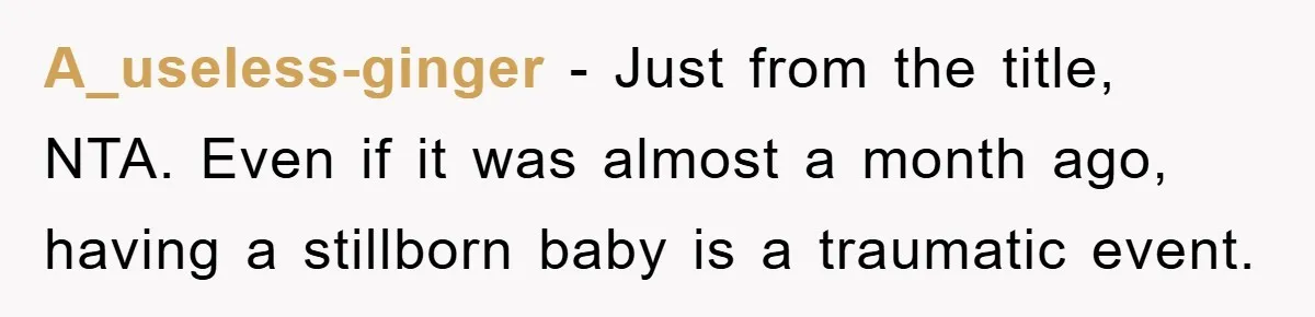 A_useless-ginger − Just from the title, NTA. Even if it was almost a month ago, having a stillborn baby is a traumatic event.
