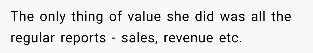 The only thing of value she did was all the regular reports - sales, revenue etc.