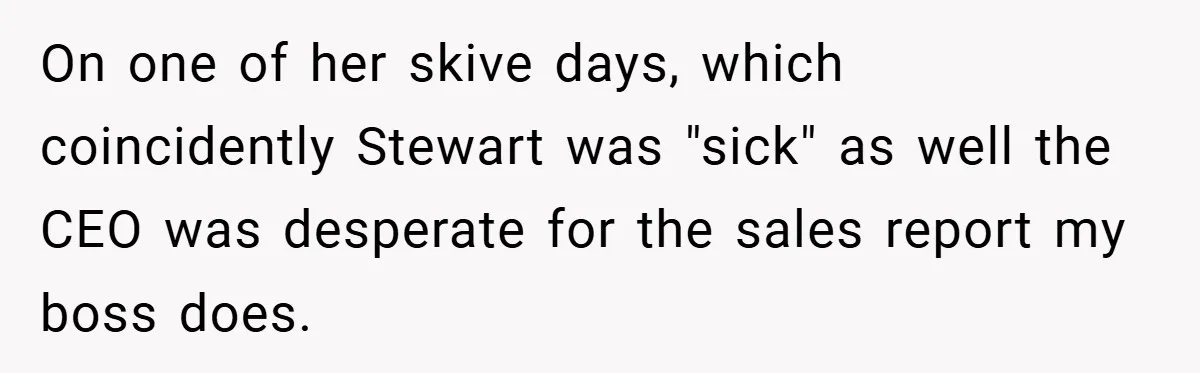 On one of her skive days, which coincidently Stewart was "sick" as well the CEO was desperate for the sales report my boss does.