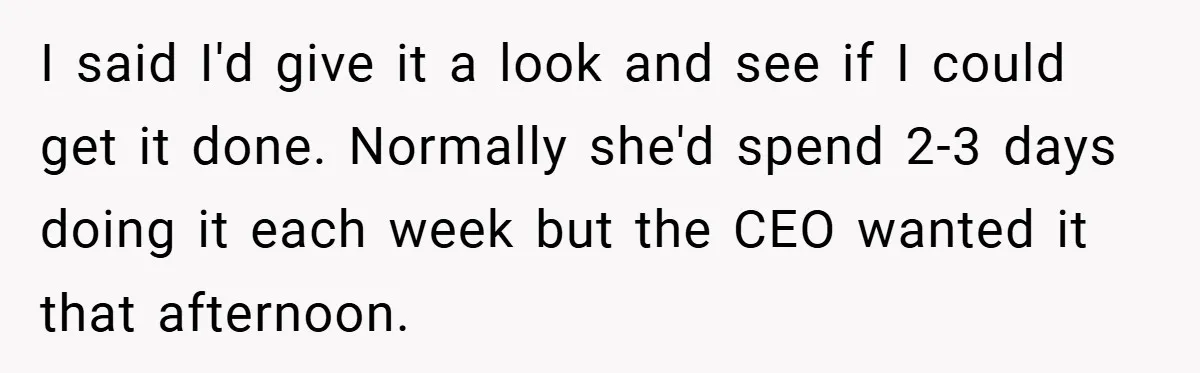 I said I'd give it a look and see if I could get it done. Normally she'd spend 2-3 days doing it each week but the CEO wanted it that...
