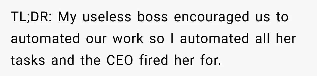 TL;DR: My useless boss encouraged us to automated our work so I automated all her tasks and the CEO fired her for.