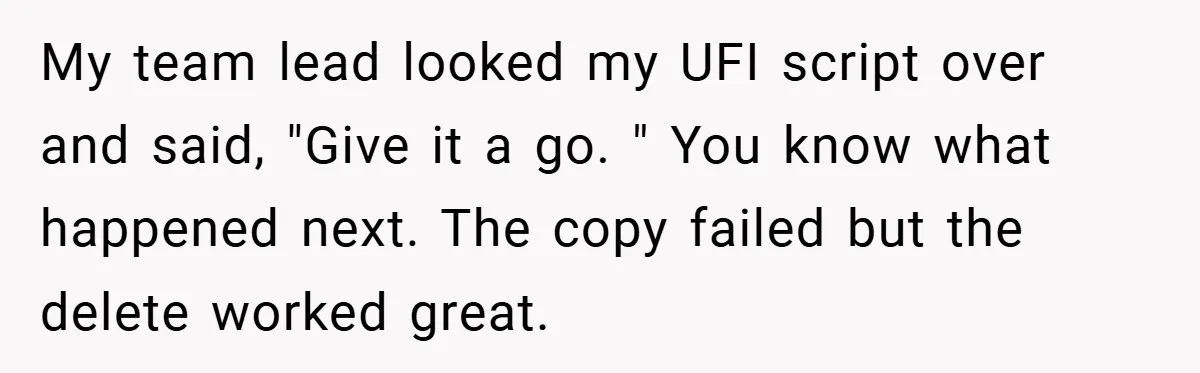 My team lead looked my UFI script over and said, "Give it a go. " You know what happened next. The copy failed but the delete worked great.