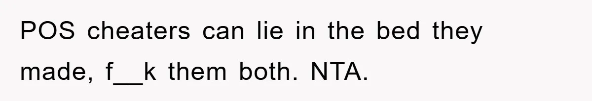 POS cheaters can lie in the bed they made, f__k them both. NTA.