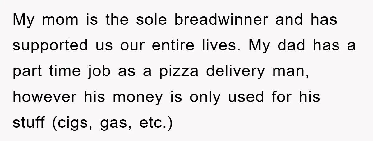 My mom is the sole breadwinner and has supported us our entire lives. My dad has a part time job as a pizza delivery man, however his money is only...