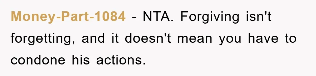 Money-Part-1084 − NTA. Forgiving isn't forgetting, and it doesn't mean you have to condone his actions.