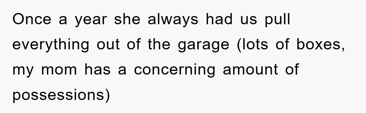 Once a year she always had us pull everything out of the garage (lots of boxes, my mom has a concerning amount of possessions)