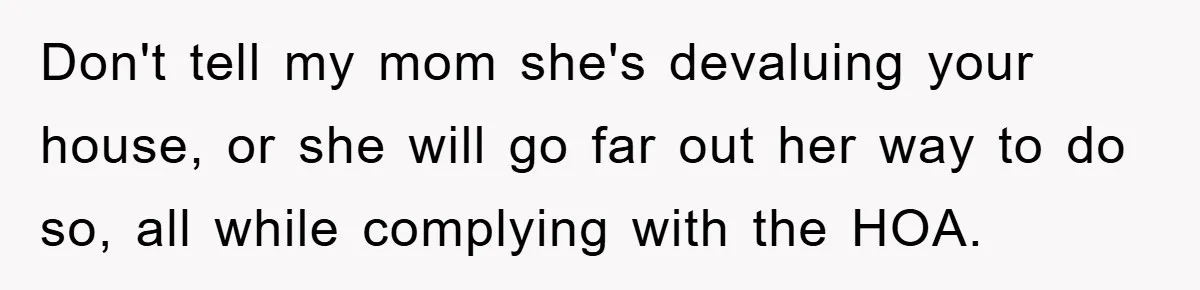 Don't tell my mom she's devaluing your house, or she will go far out her way to do so, all while complying with the HOA.