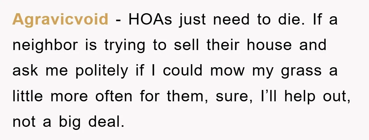 Agravicvoid − HOAs just need to die. If a neighbor is trying to sell their house and ask me politely if I could mow my grass a little more often...