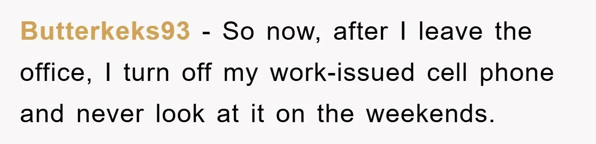 Butterkeks93 − So now, after I leave the office, I turn off my work-issued cell phone and never look at it on the weekends.