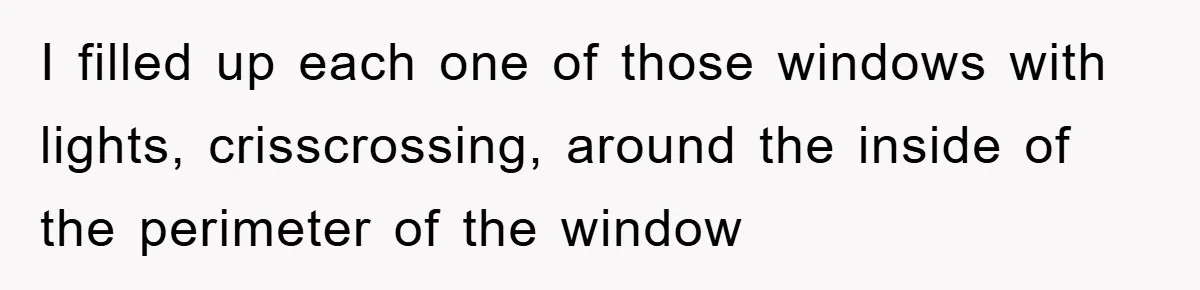 I filled up each one of those windows with lights, crisscrossing, around the inside of the perimeter of the window