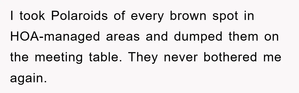 I took Polaroids of every brown spot in HOA-managed areas and dumped them on the meeting table. They never bothered me again.