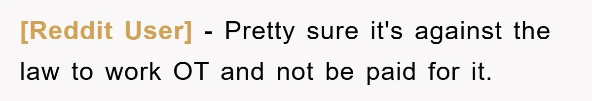 [Reddit User] − Pretty sure it's against the law to work OT and not be paid for it.