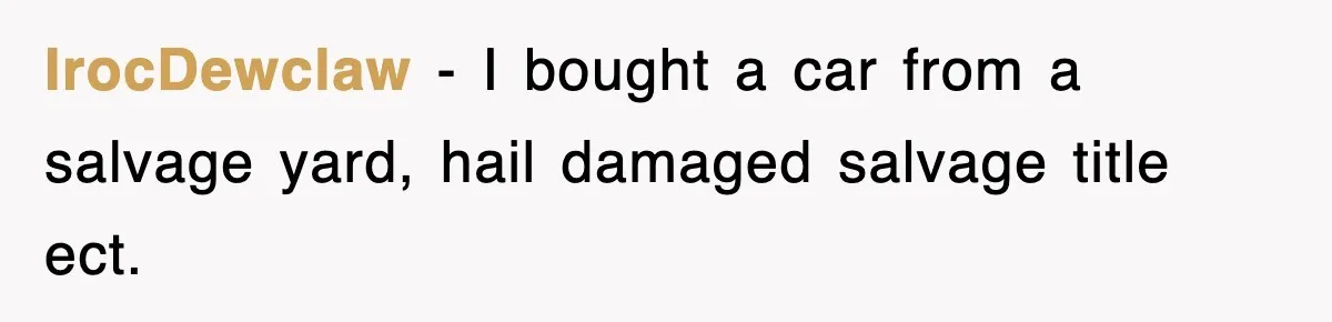 IrocDewclaw − I bought a car from a salvage yard, hail damaged salvage title ect.