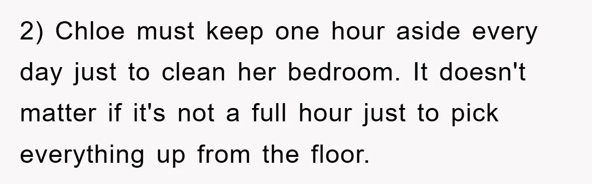 2) Chloe must keep one hour aside every day just to clean her bedroom. It doesn't matter if it's not a full hour just to pick everything up from the...