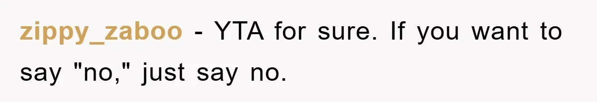 zippy_zaboo − YTA for sure. If you want to say "no," just say no.