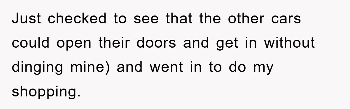 Just checked to see that the other cars could open their doors and get in without dinging mine) and went in to do my shopping.