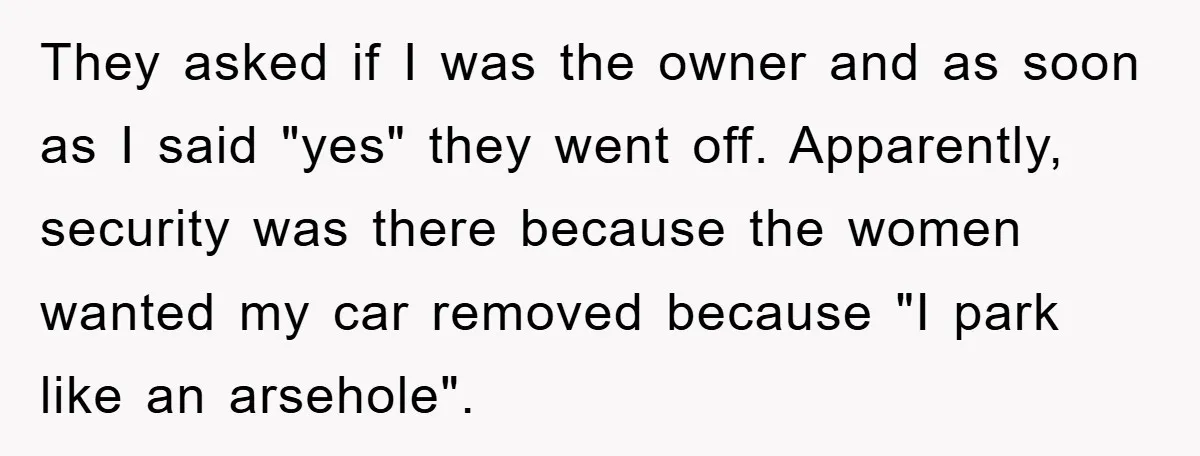 They asked if I was the owner and as soon as I said "yes" they went off. Apparently, security was there because the women wanted my car removed because "I...