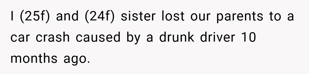 A Grieving Woman Cuts Off Her Aunt After She Demands Inheritance Money for Her Son’s College I (25f) and (24f) sister lost our parents to a car crash caused by a drunk driver 10 months ago.