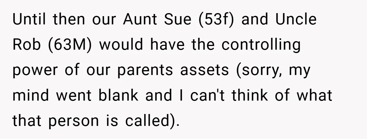 A Grieving Woman Cuts Off Her Aunt After She Demands Inheritance Money for Her Son’s College Until then our Aunt Sue (53f) and Uncle Rob (63M) would have the controlling power of our parents assets (sorry, my mind went blank and I can't think of what...