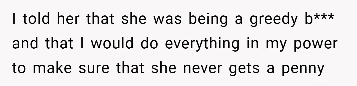 A Grieving Woman Cuts Off Her Aunt After She Demands Inheritance Money for Her Son’s College I told her that she was being a greedy b*** and that I would do everything in my power to make sure that she never gets a penny