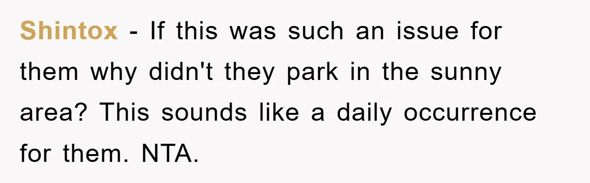 Shintox − If this was such an issue for them why didn't they park in the sunny area? This sounds like a daily occurrence for them. NTA.