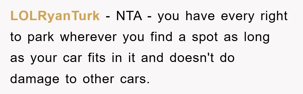 LOLRyanTurk − NTA - you have every right to park wherever you find a spot as long as your car fits in it and doesn't do damage to other cars.