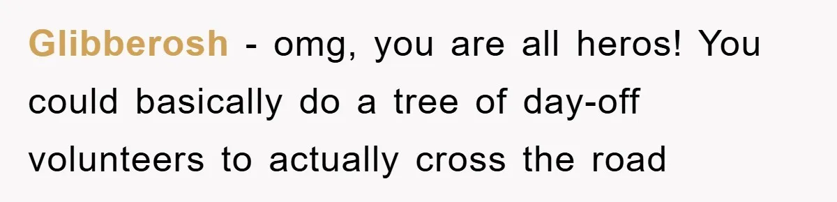 Glibberosh − omg, you are all heros! You could basically do a tree of day-off volunteers to actually cross the road