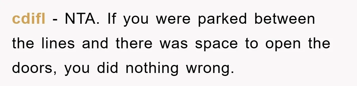 cdifl − NTA. If you were parked between the lines and there was space to open the doors, you did nothing wrong.