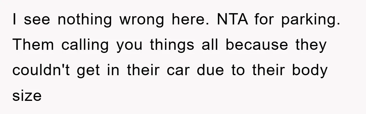 I see nothing wrong here. NTA for parking. Them calling you things all because they couldn't get in their car due to their body size