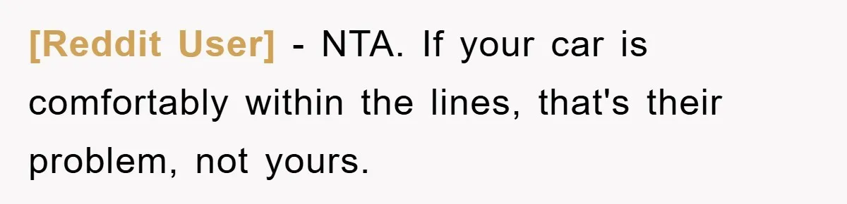 [Reddit User] − NTA. If your car is comfortably within the lines, that's their problem, not yours.