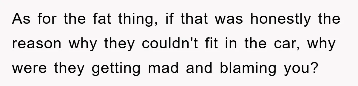 As for the fat thing, if that was honestly the reason why they couldn't fit in the car, why were they getting mad and blaming you?