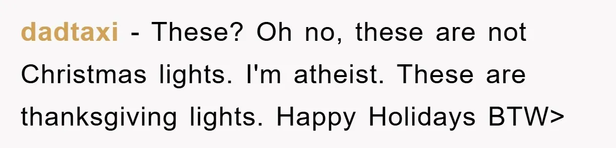 dadtaxi − These? Oh no, these are not Christmas lights. I'm atheist. These are thanksgiving lights. Happy Holidays BTW>