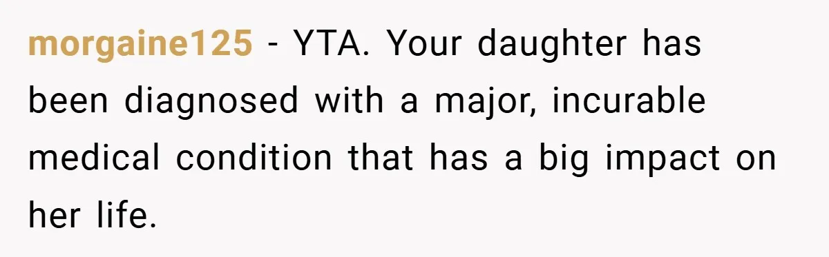 “It’s Not An Excuse!” Mom Scolds Her Daughter With Type 1 Diabetes For Neglecting Pets And School morgaine125 − YTA. Your daughter has been diagnosed with a major, incurable medical condition that has a big impact on her life.