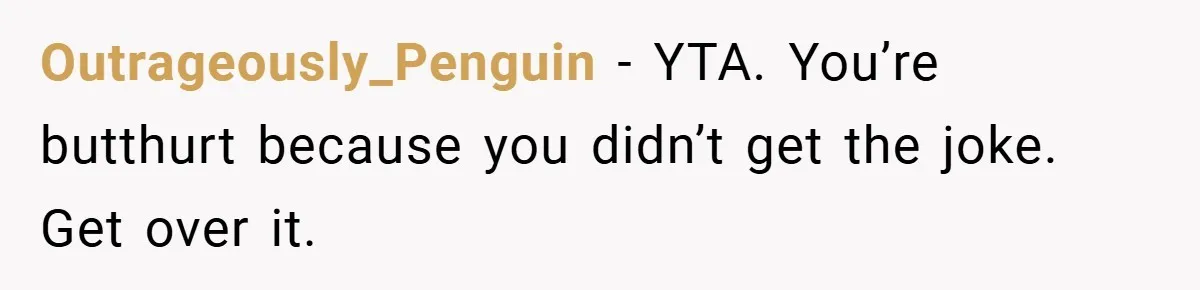 Outrageously_Penguin − YTA. You’re butthurt because you didn’t get the joke. Get over it.