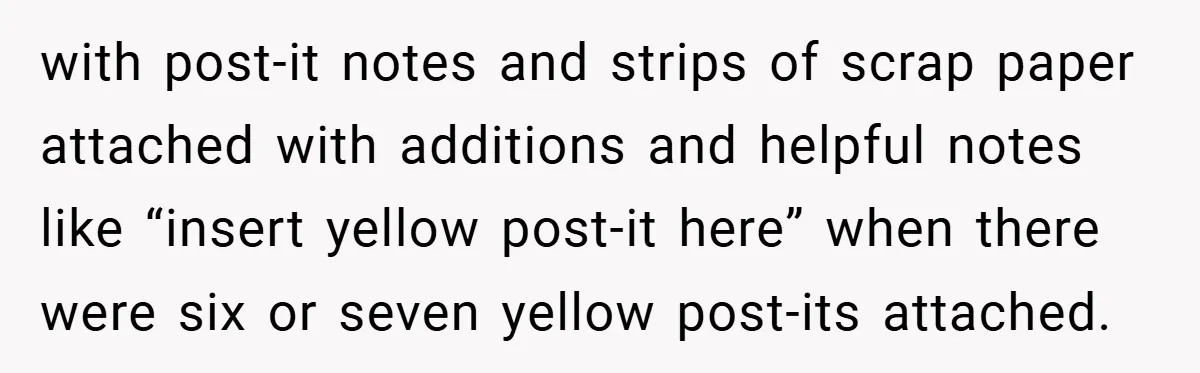 with post-it notes and strips of scrap paper attached with additions and helpful notes like “insert yellow post-it here” when there were six or seven yellow post-its attached.