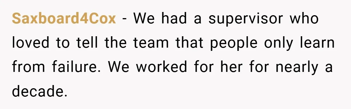 Saxboard4Cox − We had a supervisor who loved to tell the team that people only learn from failure. We worked for her for nearly a decade.