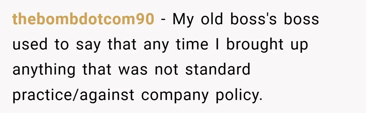thebombdotcom90 − My old boss's boss used to say that any time I brought up anything that was not standard practice/against company policy.