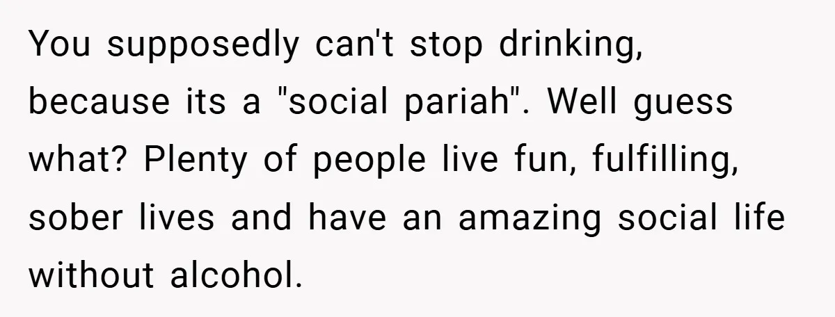 You supposedly can't stop drinking, because its a "social pariah". Well guess what? Plenty of people live fun, fulfilling, sober lives and have an amazing social life without alcohol.