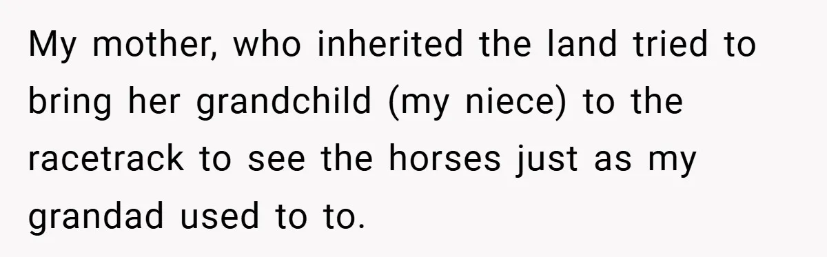 My mother, who inherited the land tried to bring her grandchild (my niece) to the racetrack to see the horses just as my grandad used to to.