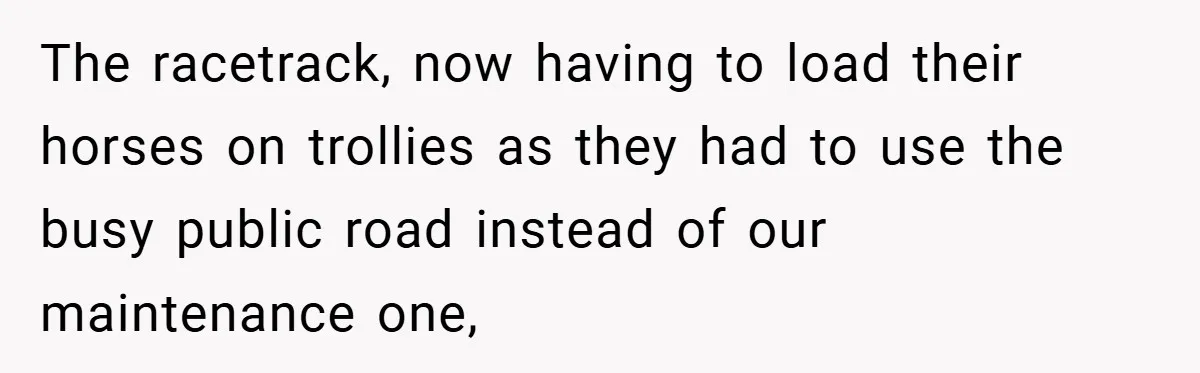 The racetrack, now having to load their horses on trollies as they had to use the busy public road instead of our maintenance one,