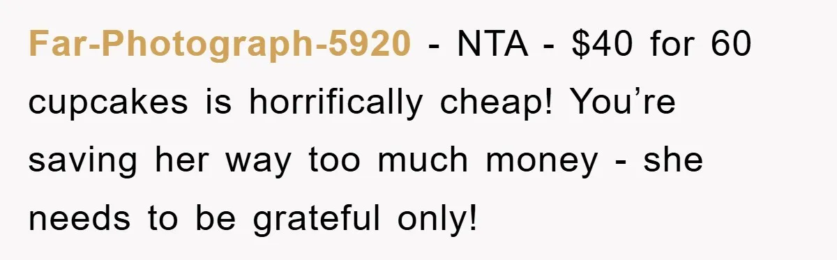 Woman Bakes For Friend's Child, Friend Talks Ill About Her Baking Skills, What She Does Next Is Astounding Far-Photograph-5920 − NTA - $40 for 60 cupcakes is horrifically cheap! You’re saving her way too much money - she needs to be grateful only!