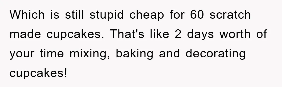 Woman Bakes For Friend's Child, Friend Talks Ill About Her Baking Skills, What She Does Next Is Astounding Which is still stupid cheap for 60 scratch made cupcakes. That's like 2 days worth of your time mixing, baking and decorating cupcakes!