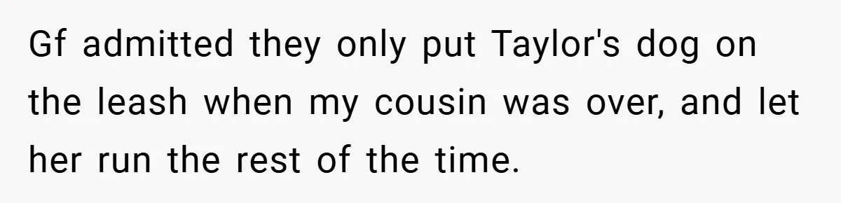Gf admitted they only put Taylor's dog on the leash when my cousin was over, and let her run the rest of the time.
