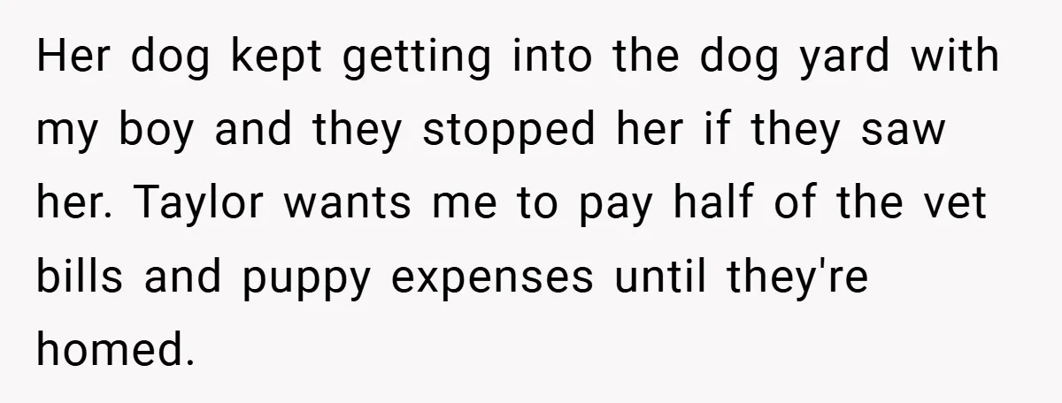 Her dog kept getting into the dog yard with my boy and they stopped her if they saw her. Taylor wants me to pay half of the vet bills and...
