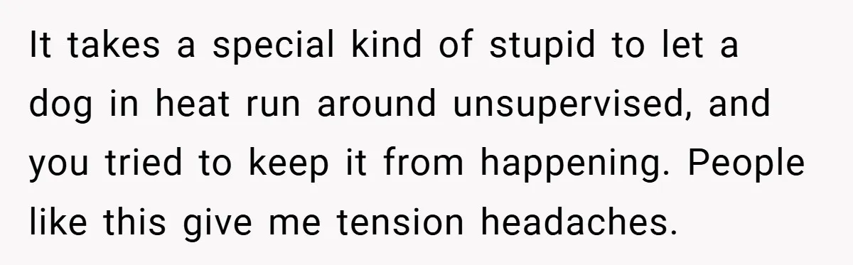 It takes a special kind of stupid to let a dog in heat run around unsupervised, and you tried to keep it from happening. People like this give me tension...