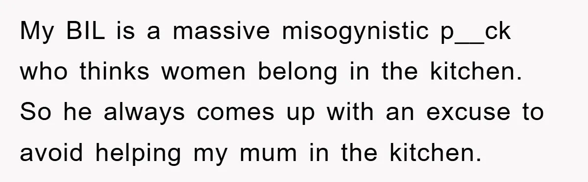 My BIL is a massive misogynistic p__ck who thinks women belong in the kitchen. So he always comes up with an excuse to avoid helping my mum in the kitchen.